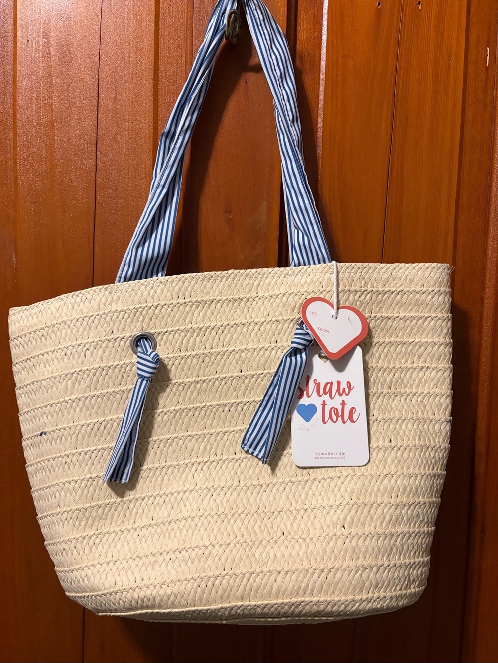 Straw Tote Bag with Blue Stripe Handles - Unbranded
